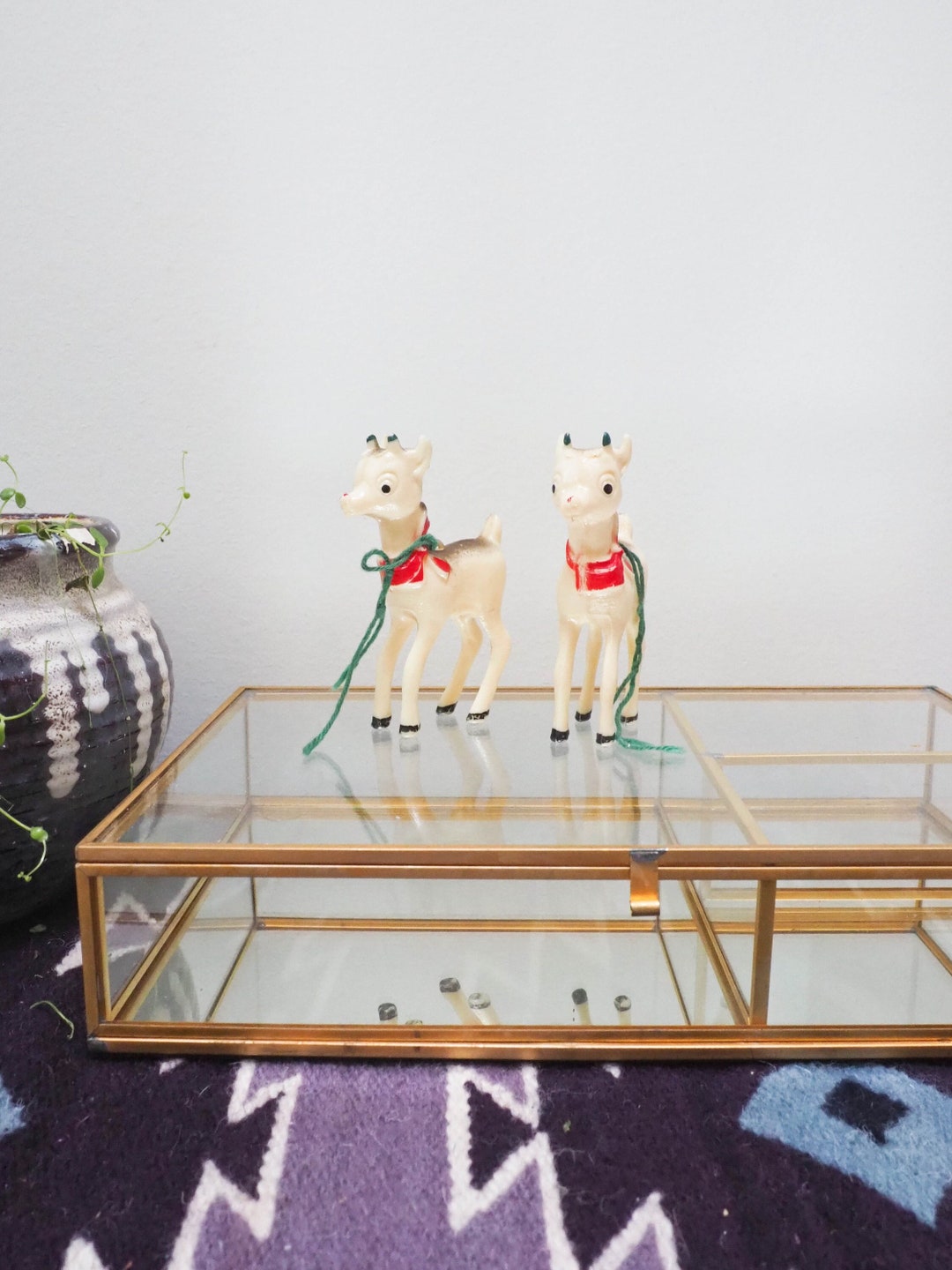 Plastic Reindeer Figurine Pair Vintage Christmas Reindeer Figurine Set of 2 Hard Plastic Rudolph