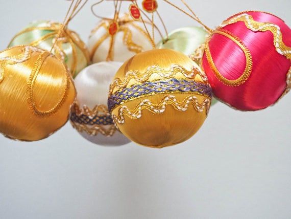 Vintage Satin Christmas Ornament Set: Japanese Ribbon Balls (set