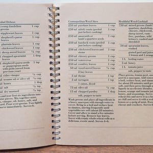 May include: Open cookbook page with recipes for Spring Salad Deluxe, Cosmopolitan Weed Stew, and Healthful Weed Cocktail. The recipes list ingredients and measurements in cups, tablespoons, and milliliters.