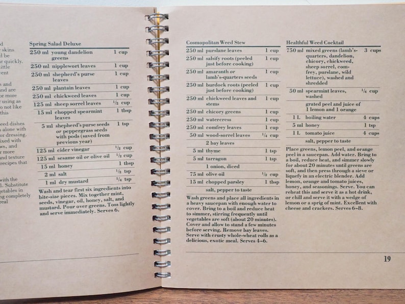 May include: Open cookbook page with recipes for Spring Salad Deluxe, Cosmopolitan Weed Stew, and Healthful Weed Cocktail. The recipes list ingredients and measurements in cups, tablespoons, and milliliters.