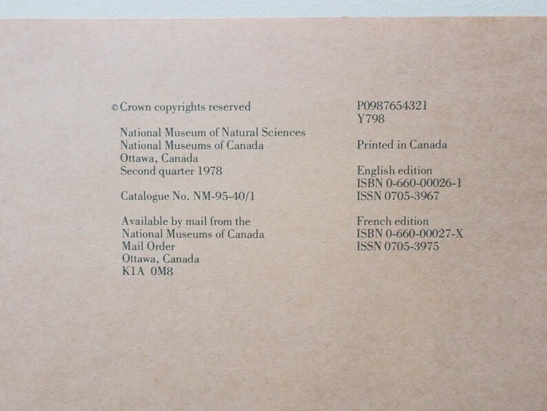 May include: A tan-colored document with black text, including copyright information, catalog details, and ISBN numbers. The text indicates it is from the National Museum of Natural Sciences, Ottawa, Canada, and was printed in Canada.