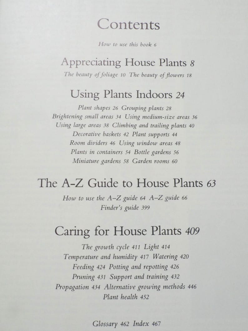 May include: A book's contents page, featuring headings like "Appreciating House Plants," "Using Plants Indoors," and "Caring for House Plants." Subtopics include plant shapes, room dividers, and propagation methods. The page is printed in black text.