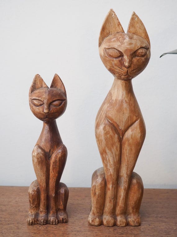 Vtg Hand Carved Wood Cat Figurine Pair - 60's Cat Statue Set of 2