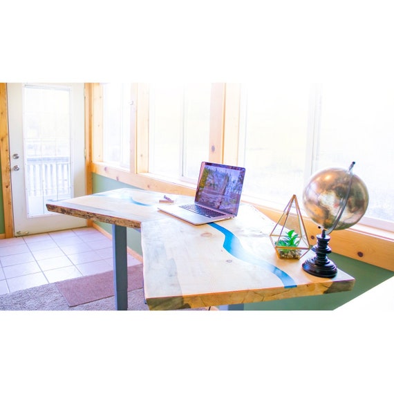 Sold Height Adjule Sit Stand Live Edge Desk With Blue Resin River