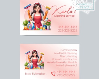 May include: A pink and white business card with a cartoon illustration of a woman holding cleaning supplies. The text on the card reads "Karla's Cleaning Service" and includes two phone numbers. The card also includes the text "Free Estimates".