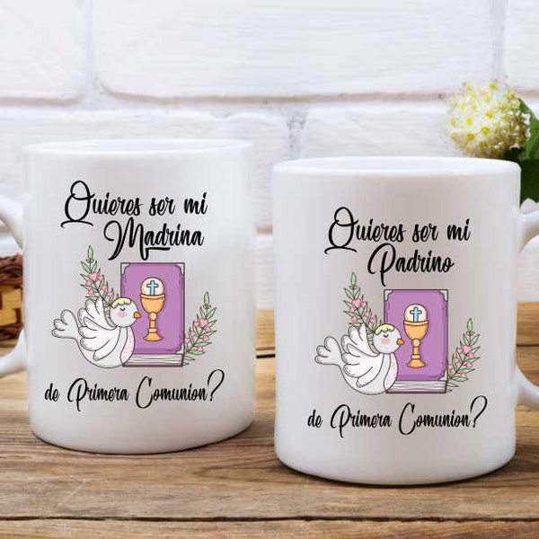 Set of 2 Ceramic mug  / quieres ser mi madrina? / Quieres ser mi padrino?    /  custom coffee mug / FIRST COMMUNION / primera comunion