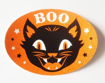 Retro Style Halloween Black Cat Sticker - Orange Sparkles - Vinyl - Boo
