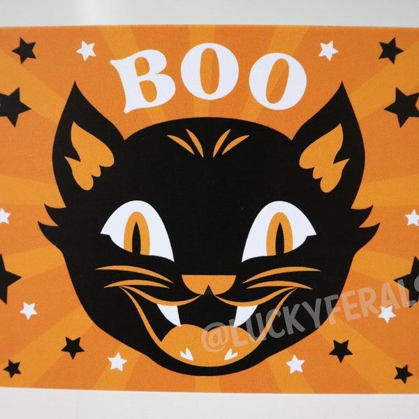 Retro Style Halloween Black Cat Notecards - Boo - Set of 4 or Single Card