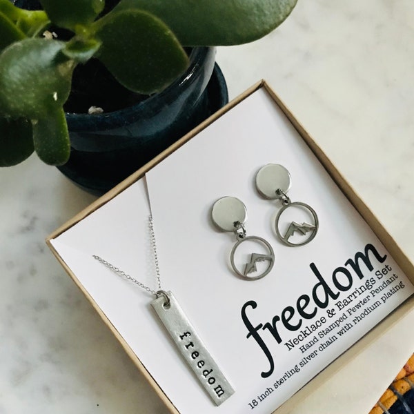 Freedom Necklace - Necklace and Earring Set - Hand Stamped Necklace - Mountain Jewelry - Mountain Earrings