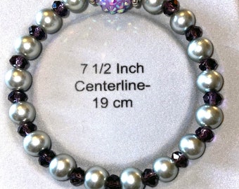 Stretch Bracelet Purple Crystal Rondelles with Silver Faux Pearl Beads, Silver Spacers & Acrylic Focal Bead