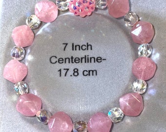 Rose Quartz English Cut Gemstones with Crystal AB Spacer Beads & Acrylic Focal Bead Gift