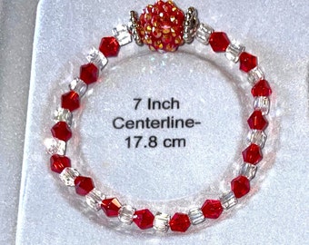 Red/White Beaded Crystal Stretch Bracelet 7 inches