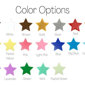 May include: Image showing star-shaped objects in various colours. Colours include black, white, brown, gold, silver, red, orange, yellow, pastel yellow, pink, light pink, blue, sky blue, pastel blue, purple, lavender, green, mint, and pastel green. Text reads "Color Options".