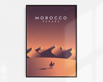 Morocco, Sahara, Africa Vintage Travel Poster (A3 print, A6 postcard. Minimalist Wanderlust Art / Original artwork / Scenic Illustration)
