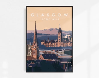 Glasgow, Scotland Vintage Travel Poster (A3 or A4 print, A6 postcard, view from Queens Park illustration. Original Artwork / Wall Art)