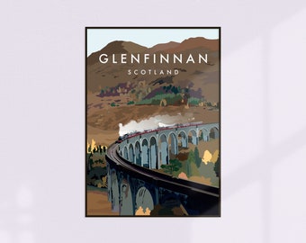 Glenfinnan, Scotland Vintage Travel Poster (A3 print, A6 postcard, Glenfinnan Viaduct, Highlands, Inverness. Original Artwork / Wall Art)