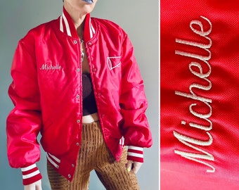 Vintage Varsity Jacket Michelle Monogram | red white cheer Varsity Jacket | snap front embroidered varsity bomber jacket