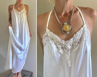 Vintage Slip Dress  | white maxi Slip Dress with Lace Neckline