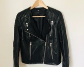 VTG H M Moto Leather Bomber Jacket, Black moto Jacket with chunky zippers and quilted shoulders, size US women s 12, EU 42