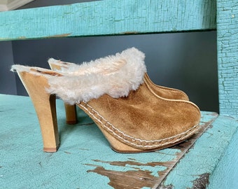 vintage 70s Suede Heeled Mules | Sherpa doublé Suede talons en cuir taille 37EU suze 6 femme