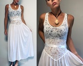 Vintage 70s Long Slip Dress with lace bodice and satin rosette by Victoria s Secret Union Made Slip dress