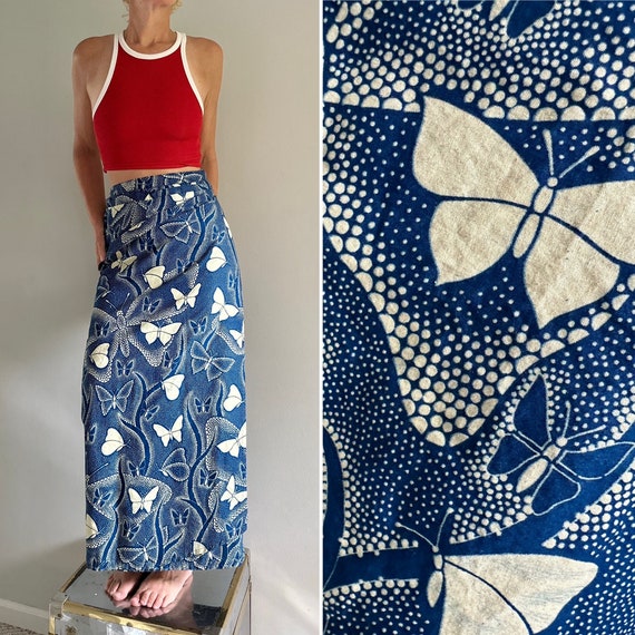 Vintage 70s wrap Skirt, long wrap butterfly print… - image 1