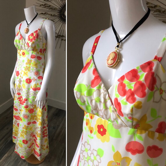 70s retro floral maxi Dress| Vintage Mod Deco Flor
