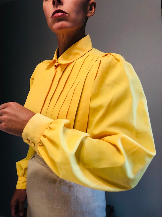 Vintage Yellow Pleated Secretary Blouse with Puff