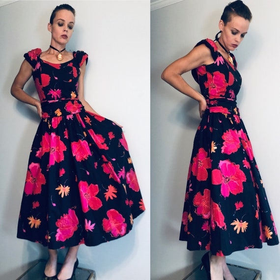 Vintage 80s Laura Ashley Prom Dress, Black Floral