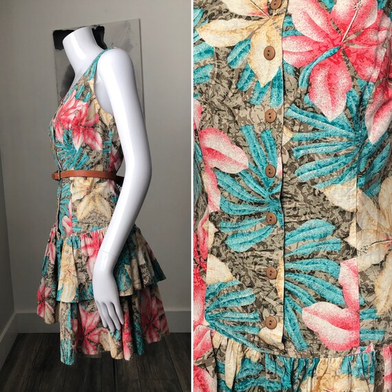 Vintage 80s 90s| Tropical Floral Sun Dress with ti