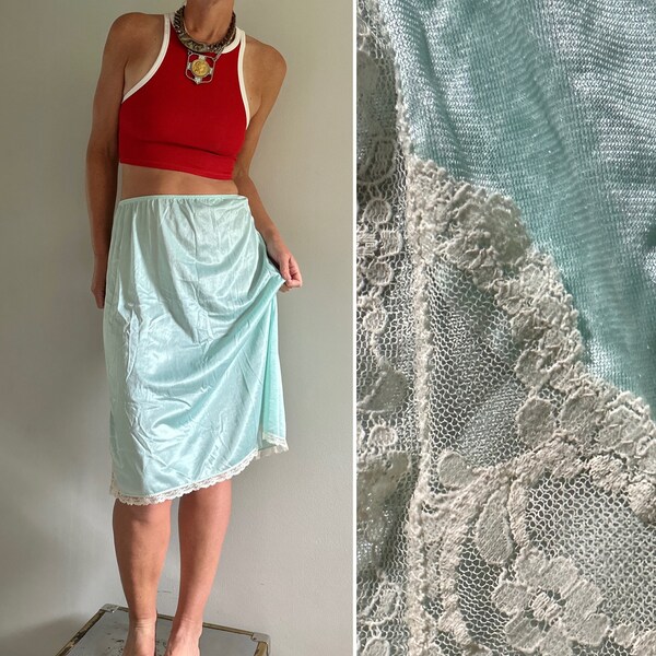 Vintage 50s 60s turquoise Slip Dress with lace hem| Vintage nylon slip