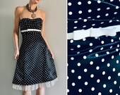 Vintage 80s Prom Dress Strapless polka dot cocktail dress little black dress