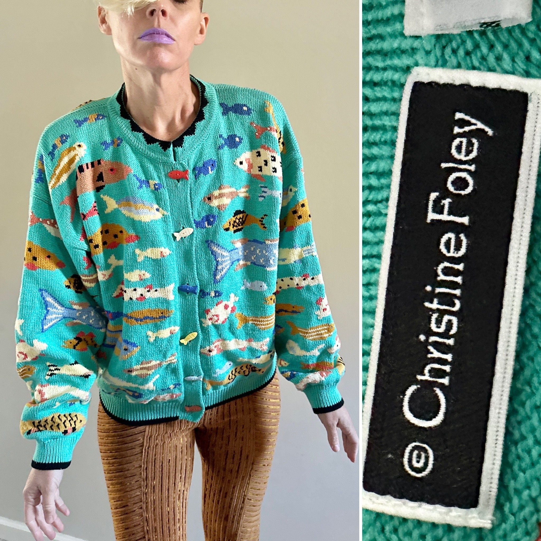 Vintage Christine Foley Cardigan Sweater| Cotton Fish Cardigan