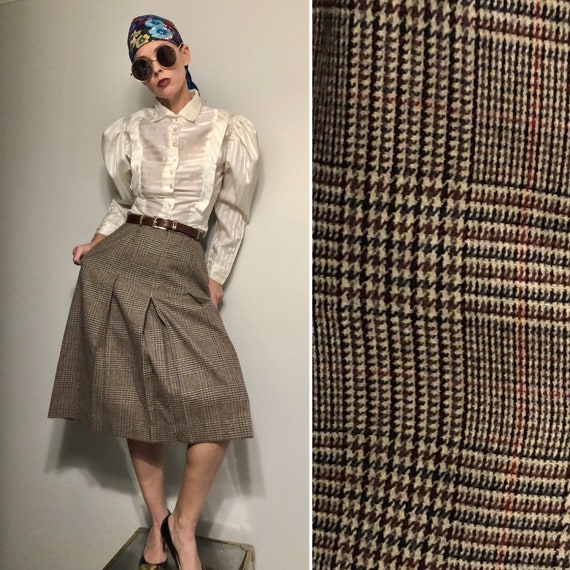 Vintage High Waisted Pleated Midi Skirt| 70s wool
