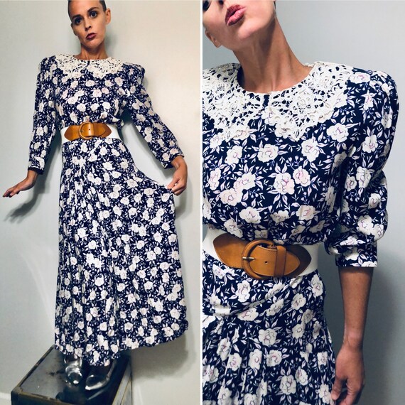 Vintage 80s Floral Dress| Vintage Black Floral Dre