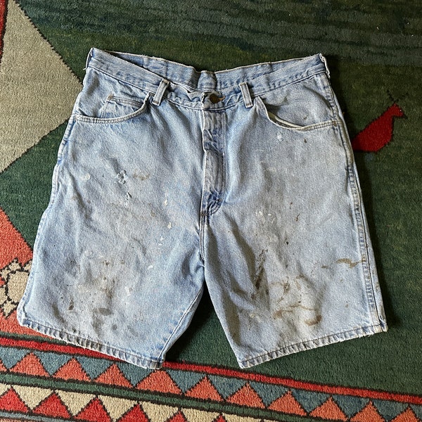 Vintage Wrangler high waisted boyfriend jean Shorts, heavy distressed light wash