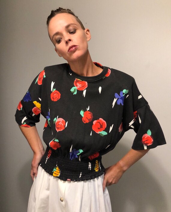 Vintage 80s Floral knit blouse with smocked bottom