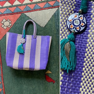 Woven Beach Tote | handmade purple and cream striped tote handbag