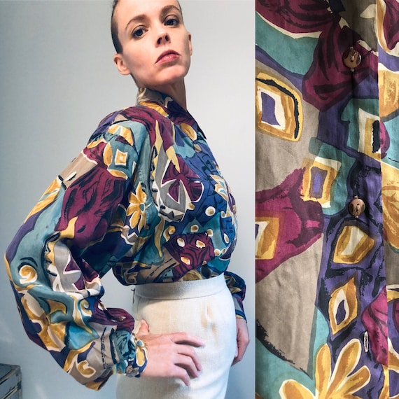 Vintage 80s printed Silk Secretary Blouse with sho