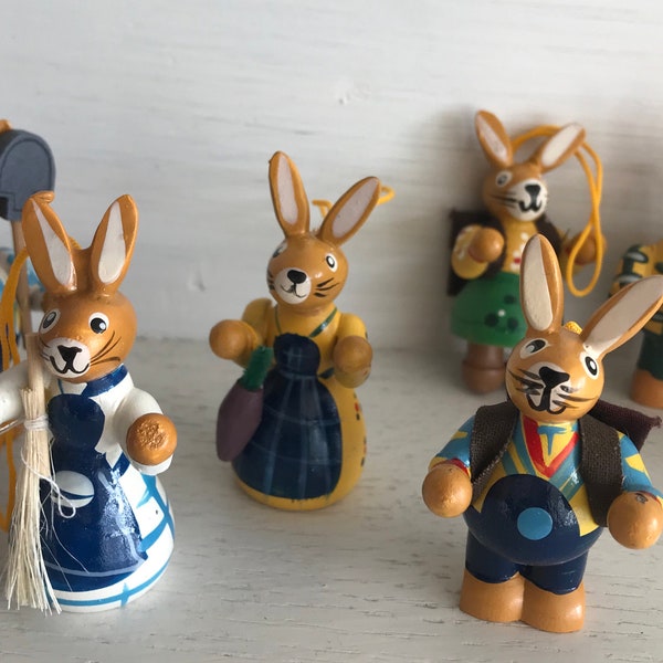 Ostern Deko 6 Holz Anhänger Erzgebirge   Osterhase Hase Holzanhänger Osterstrauß, vintage, Volkskunst, 70er