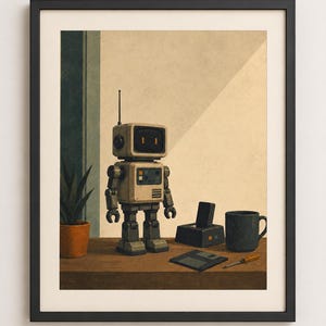 May include: A framed print featuring a retro robot illustration. The robot, in shades of beige and gray, stands on a wooden surface alongside a mug, a floppy disk, and a screwdriver. A potted plant is visible on the left.