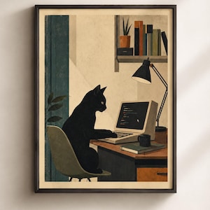 May include: A framed wall art print depicting a black cat sitting on a light green chair at a wooden desk, typing on a vintage computer. A black desk lamp, a small mug, and a book sit on the desk, with a shelf of books and a plant above.