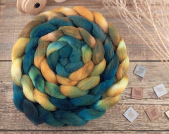 Green / Petrol  / Ochre - Hand Dyed Roving, 5 fibre variants to choose: corriedale, merinos, merino with silk or mohair