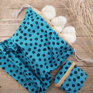 Sac à projets avec cordon de serrage pour tricot et crochet, pliable, grand, bleu