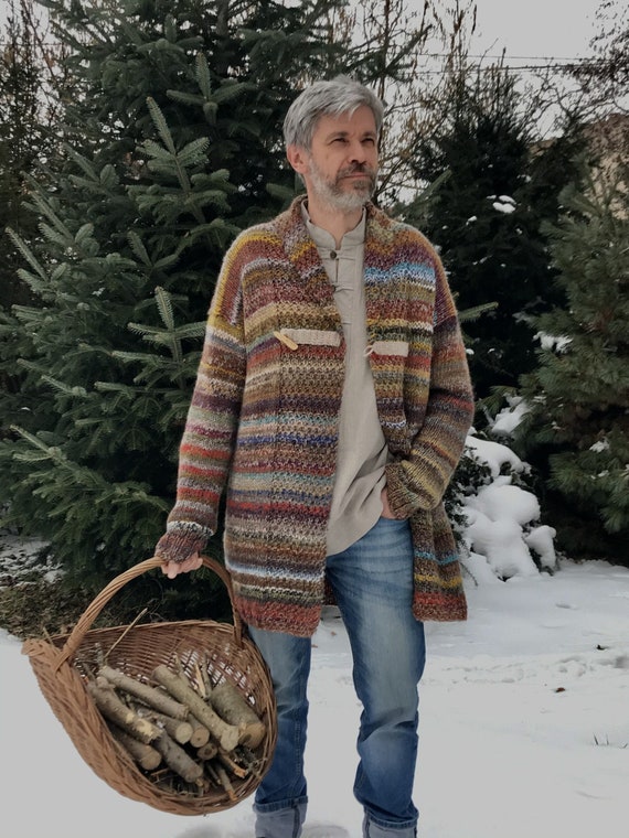 Hand Knitted Mens Wool Cardigan Long 