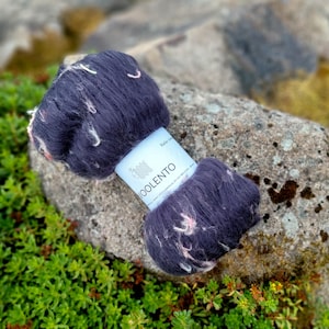 May include: A skein of dark blue yarn with white and pink flecks, resting on a gray rock. The yarn has a fluffy texture and a label that reads "WOOLENTO". The background features green foliage.