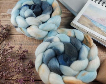 Hand Dyed Wool Combed Top: Merinos, Silk Blend, Corriedale, WHITE/ BABYBLUE/ GREY