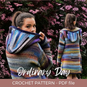 Könnte beinhalten: Ein Häkelmuster für einen bunten gestreiften Kapuzenpullover. Das Muster heißt "Ordinary Day" und ist als PDF-Download erhältlich.