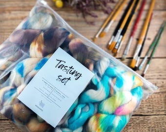 Tasting Set - 5 types of hand dyed fibres for spinning, felting, veawing