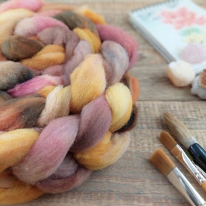 Brown / Pink/ Gold - Handpainted Roving, Fine Wool, 5 fiber variants to choose